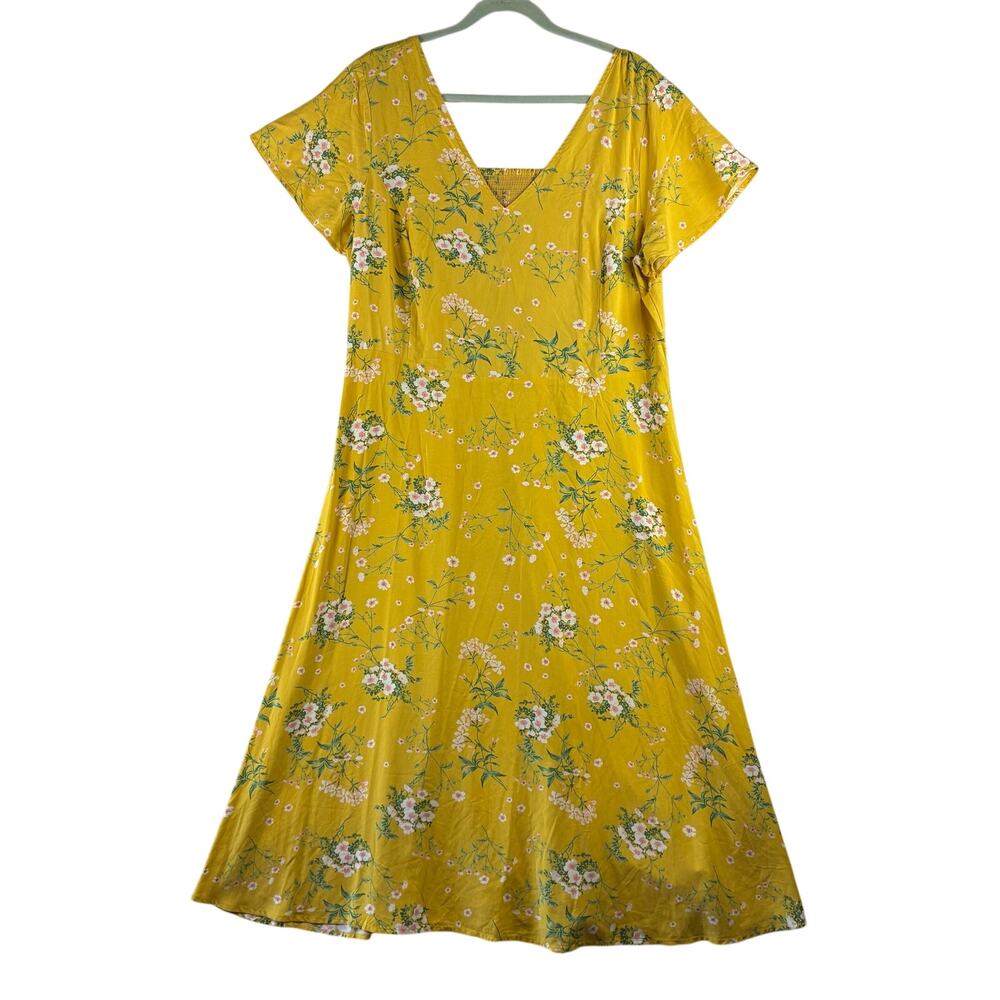 Old Navy Smocked Cottage Midi Dress Womens XL Yellow Ditsy Floral Flutter V Neck